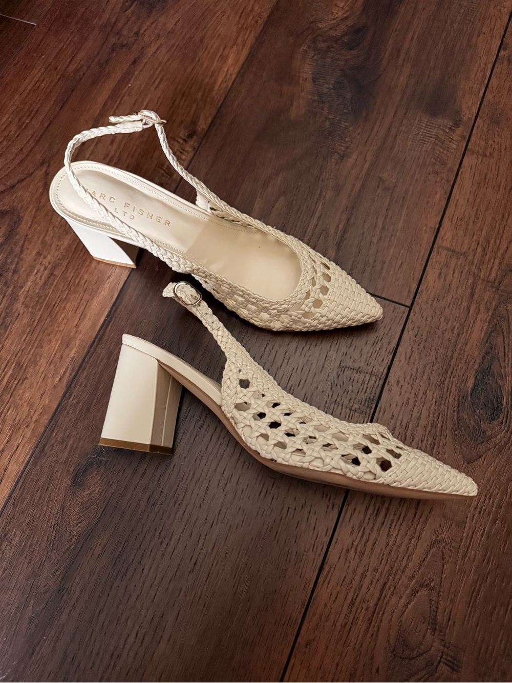 NWOT Marc Fisher LTD Zaiden Woven Pointed-Toe Slingback Pump Block Heel Cream 8M